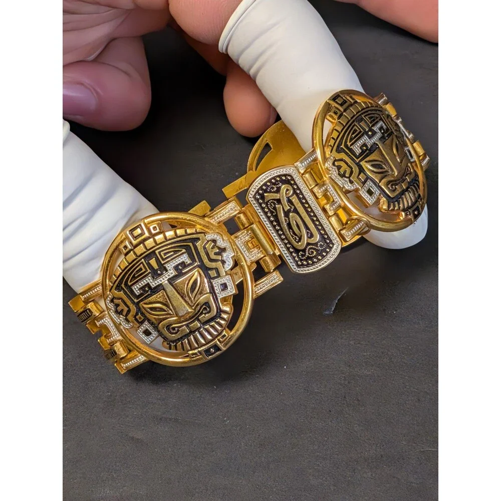 Vintage Gold Tribal Damascene Mask Bracelet 7